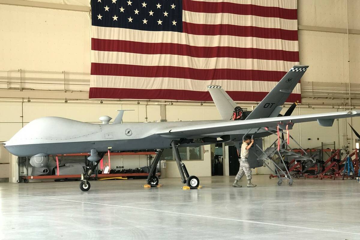 An MQ-9 Reaper drone is seen inside a hangar at Creech Air Force Base at Indian Springs in 2017 ...