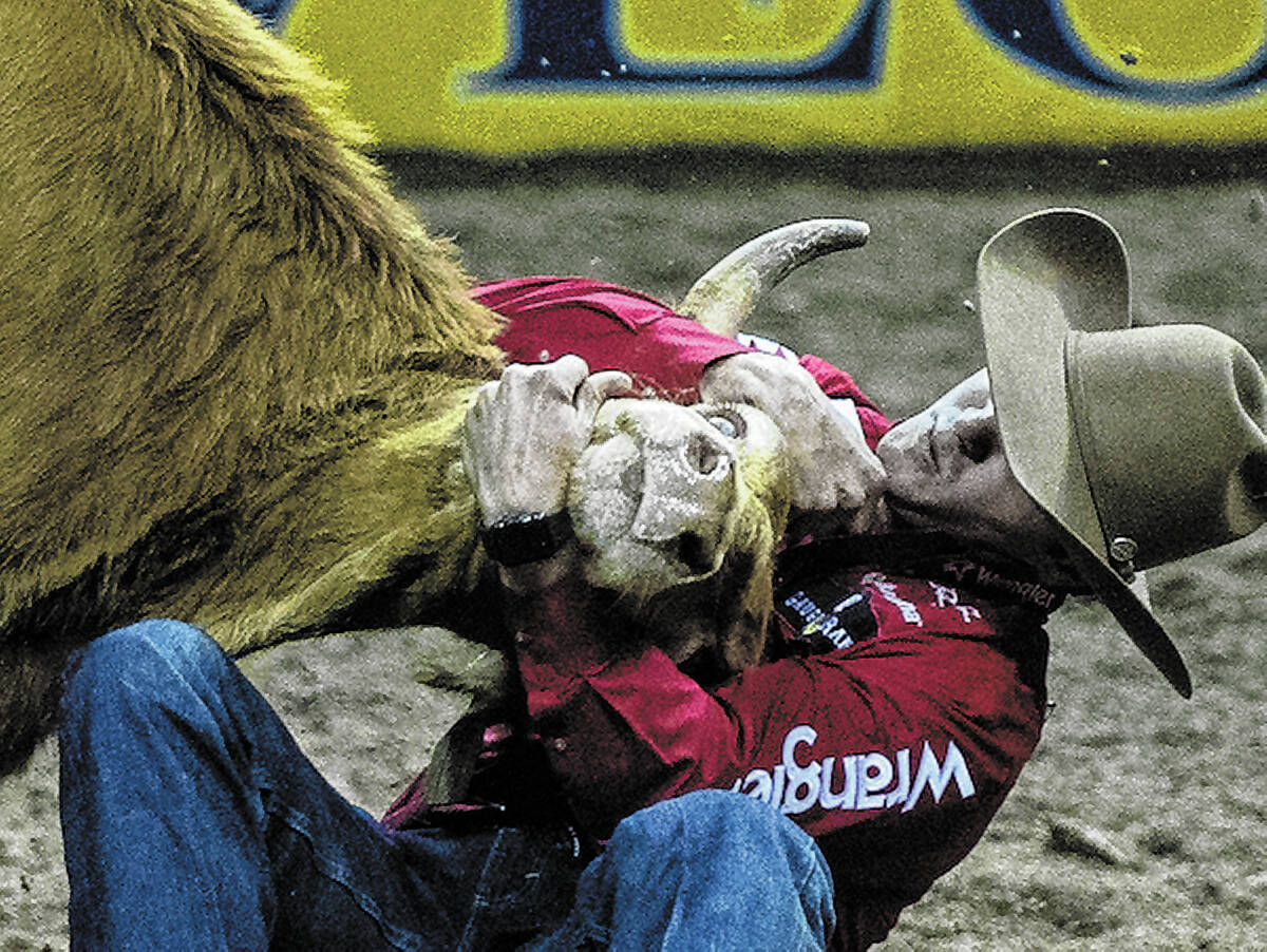 Rowdy Parrott of Mamou, La., in Steer Wrestling during the sixth round of the Wrangler National ...
