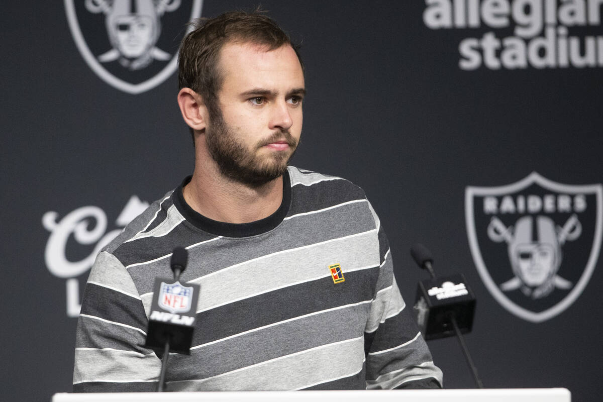 Raiders wide receiver Hunter Renfrow listens to media questions during the post game press conf ...