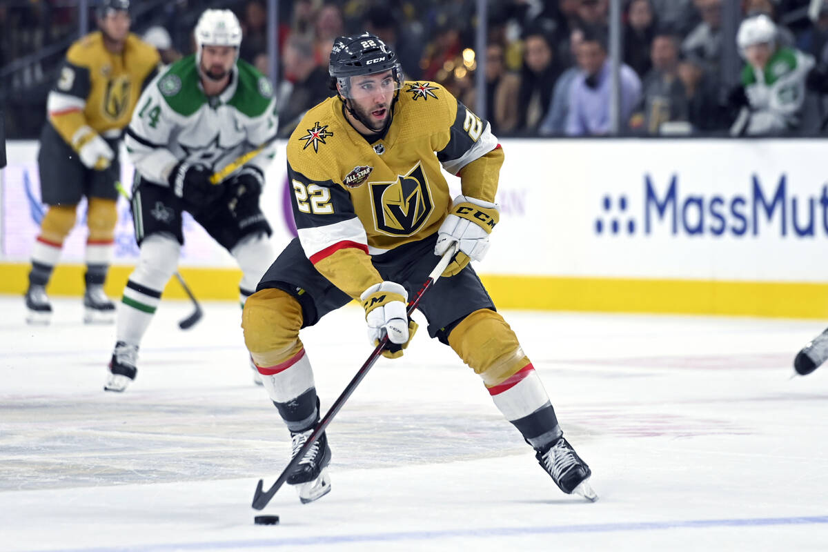 Vegas Golden Knights center Michael Amadio (22) skates with the puck against the Dallas Stars d ...