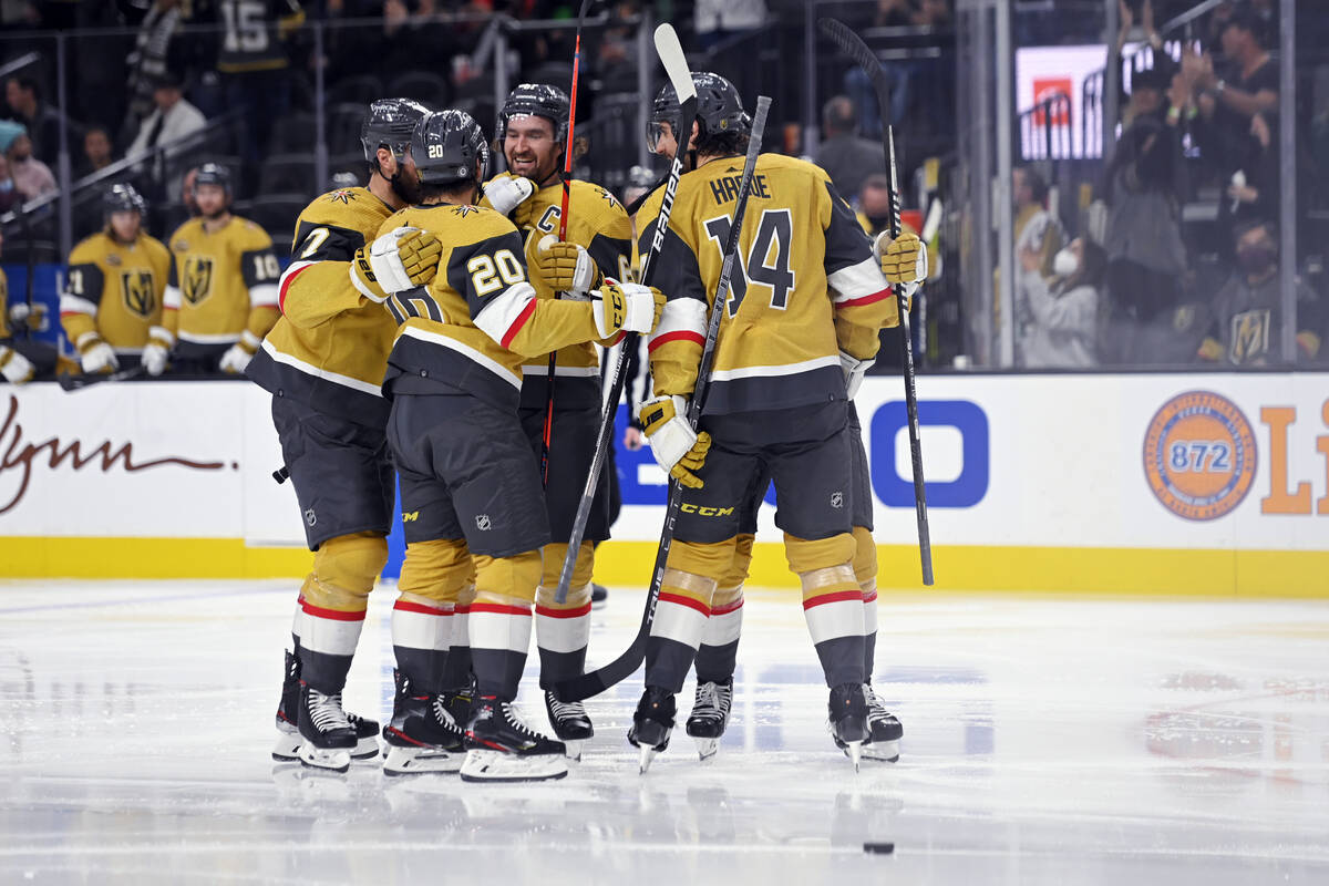 The Vegas Golden Knights celebrate right wing Mark Stone's goal against the Dallas Stars during ...