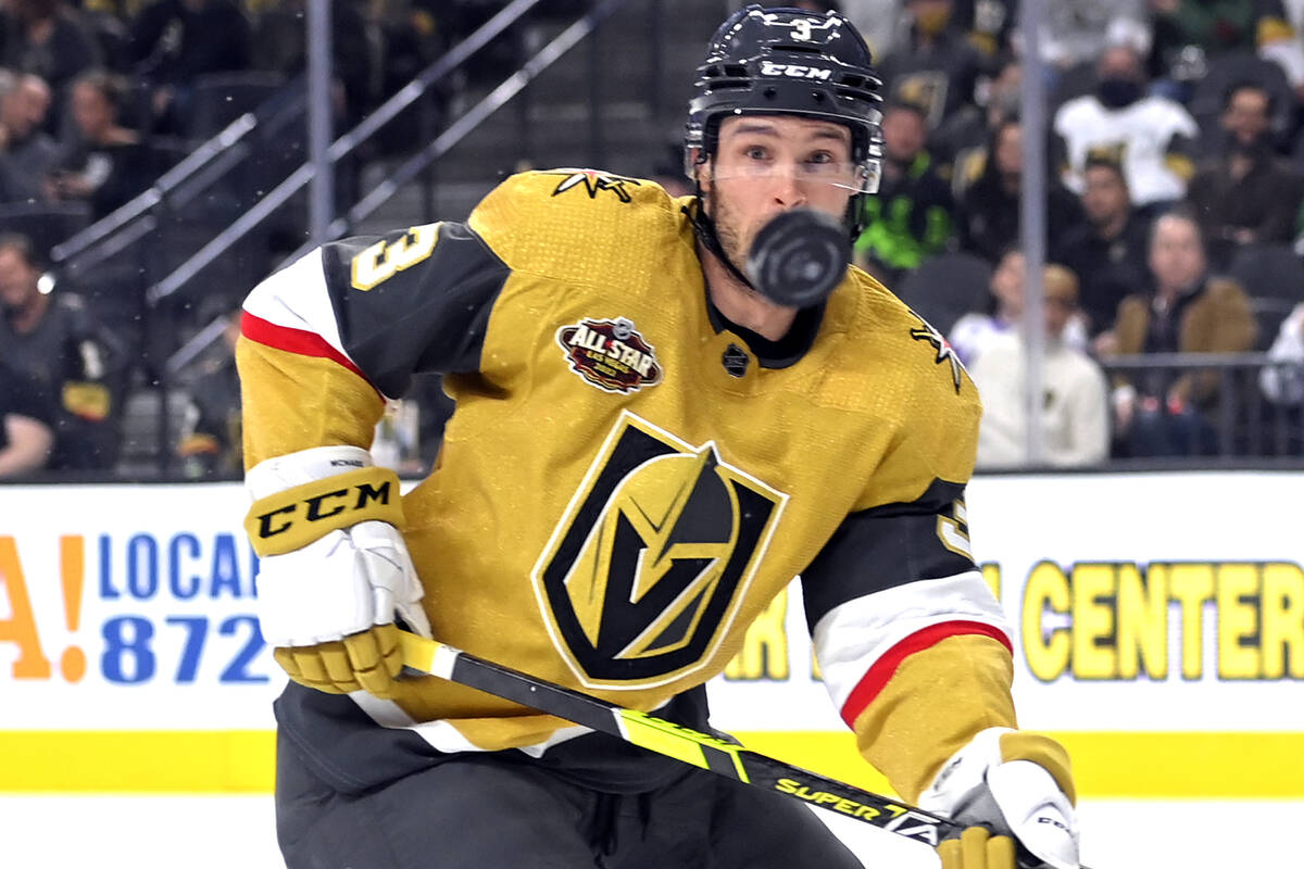 Vegas Golden Knights defenseman Brayden McNabb eyes the puck during the first period of the tea ...