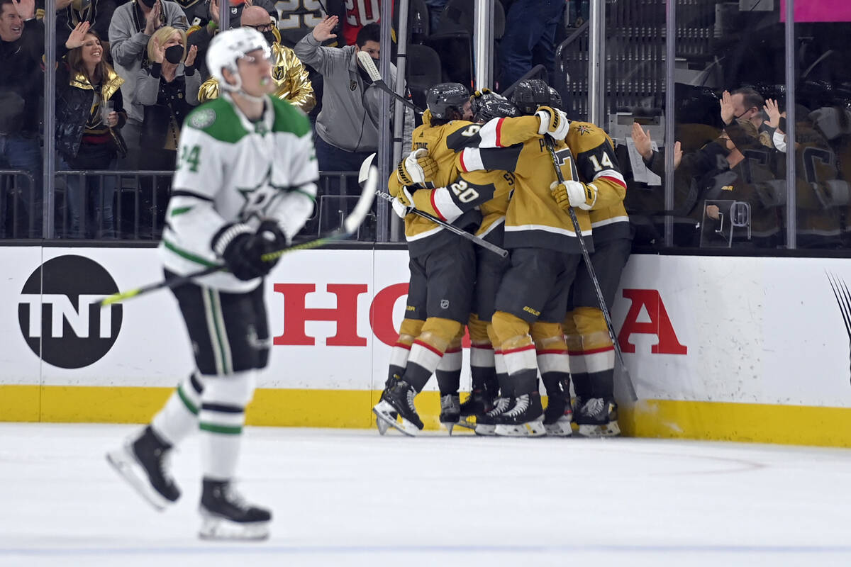 The Vegas Golden Knights celebrate a goal against the Dallas Stars during the third period of a ...
