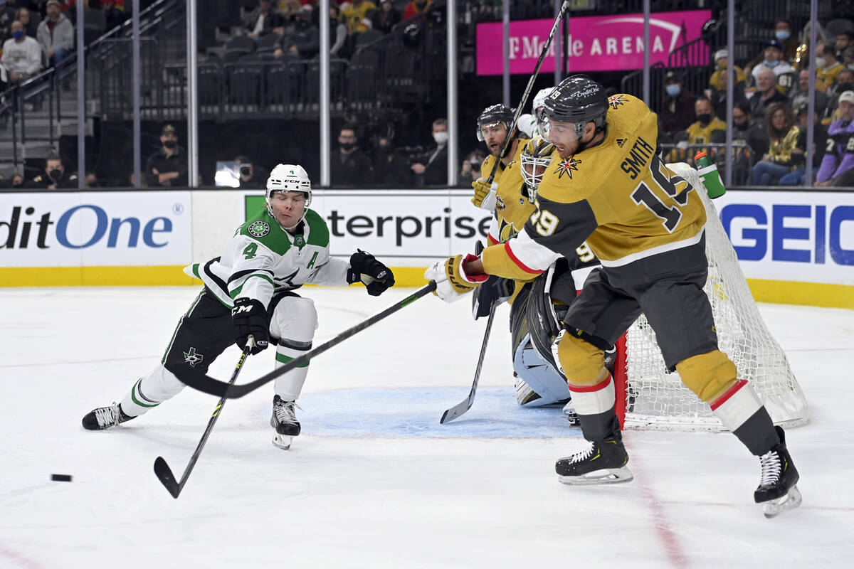 Dallas Stars defenseman Miro Heiskanen (4) attempts to stop Vegas Golden Knights right wing Rei ...