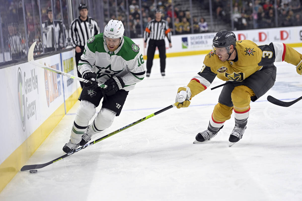 Dallas Stars center Joe Pavelski (16) and Vegas Golden Knights defenseman Brayden McNabb (3) ch ...