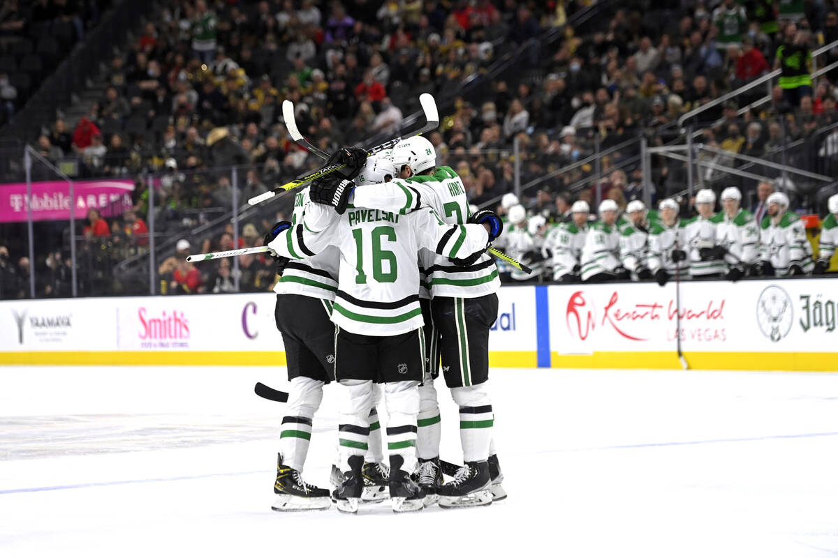 The Dallas Stars celebrate a goal by Jason Robertson against the Vegas Golden Knights during th ...