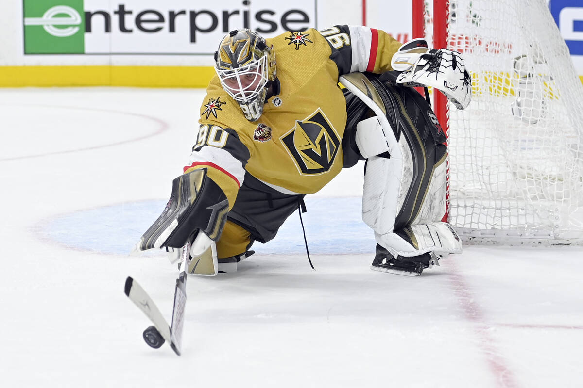 Vegas Golden Knights goaltender Robin Lehner stops the puck during the first period against the ...