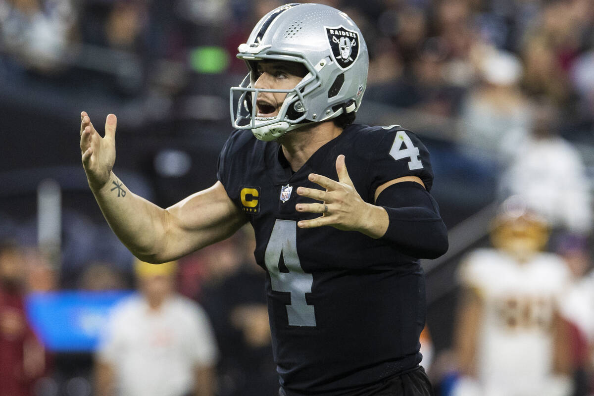 Raiders quarterback Derek Carr (4) shows his frustration during an NFL football game against th ...