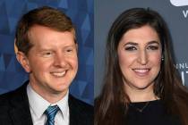 Ken Jennings, left, and actress Mayim Bialik will split “Jeopardy!” hosting duties for the ...