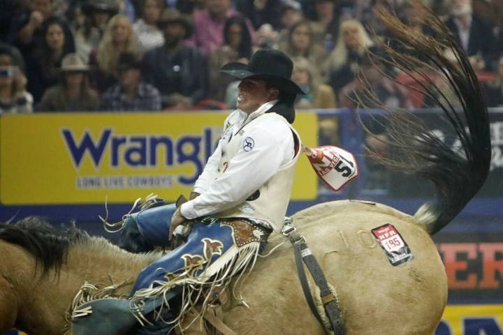 Richmond Champion of Stevensville, Mont. competes in the bareback riding event during the eight ...