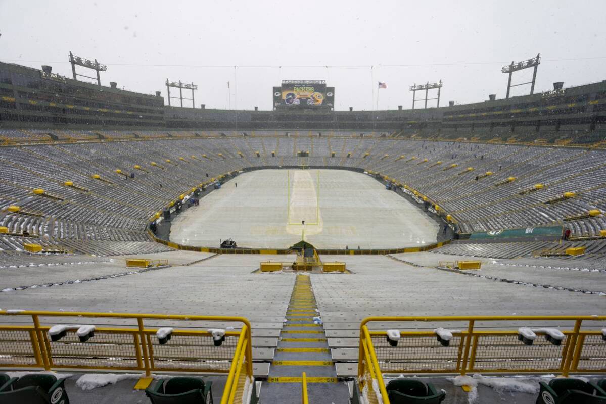 Snow is seen at Lambeau Field before an NFL football game between the Green Bay Packers and the ...