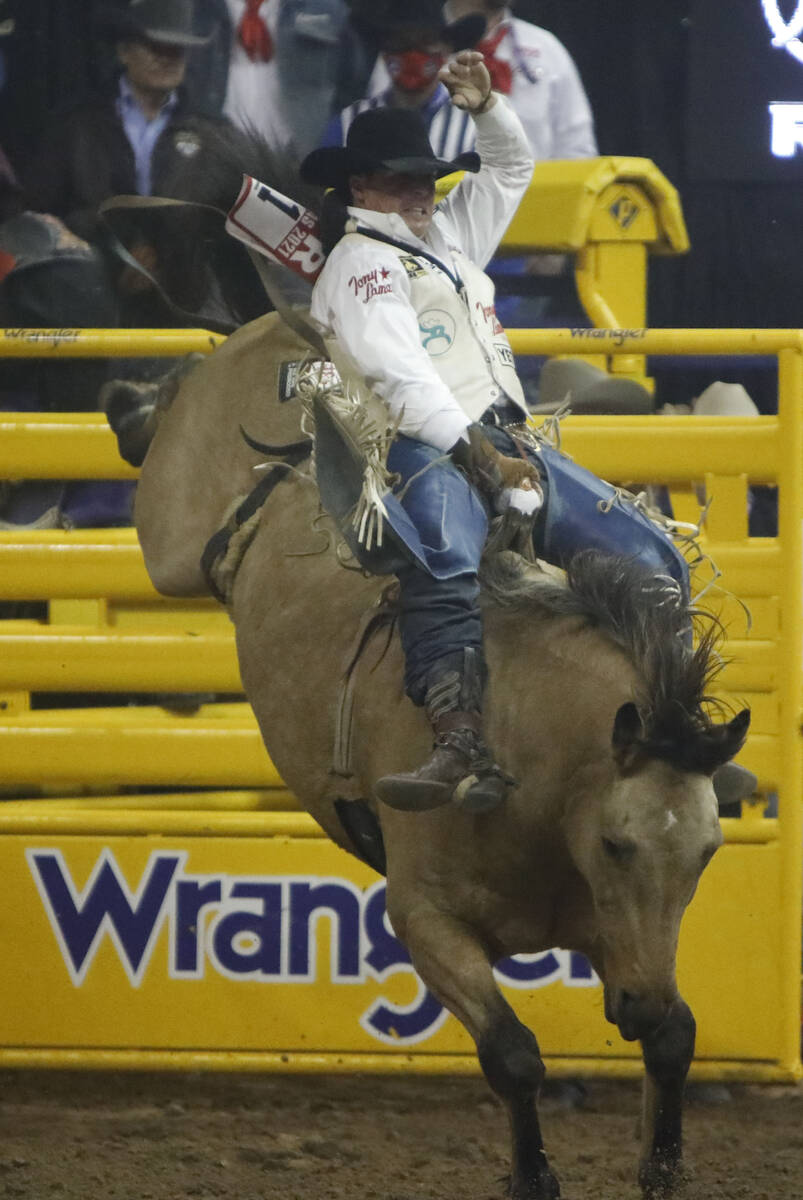 Richmond Champion of Stevensville, Mont. competes in the bareback riding event during the eight ...