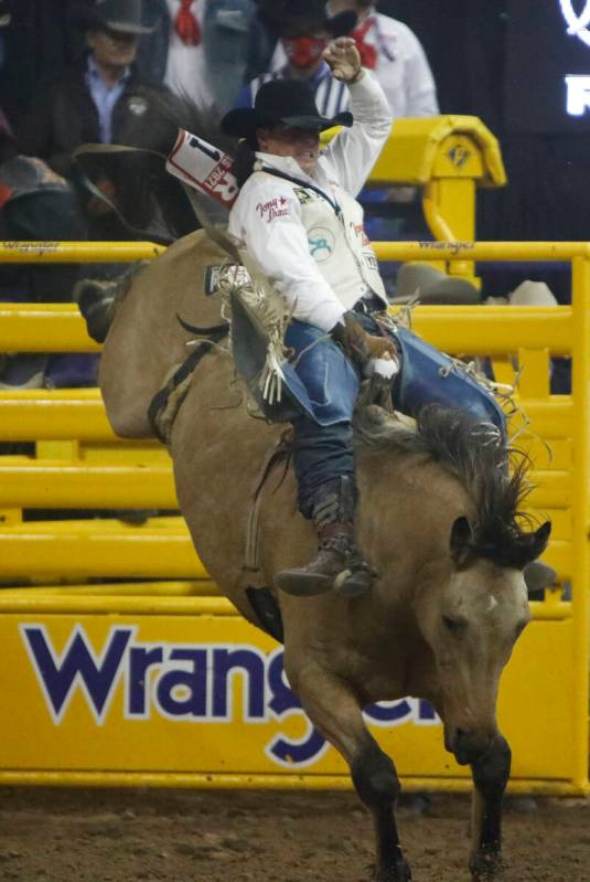 Richmond Champion of Stevensville, Mont. competes in the bareback riding event during the eight ...