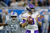 Detroit Lions outside linebacker Charles Harris (53) pressures Minnesota Vikings quarterback Ki ...