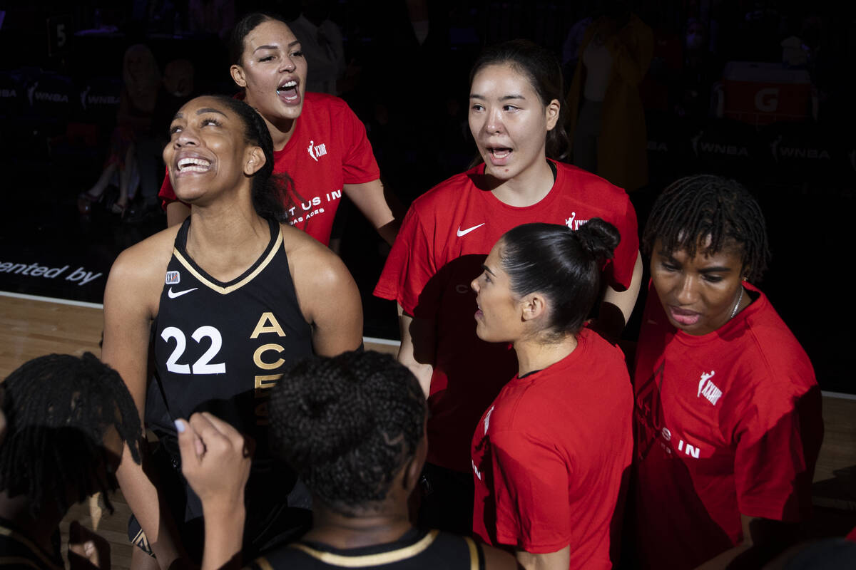 Las Vegas Aces forward A'ja Wilson (22) leads her team onto the court before the start of the W ...
