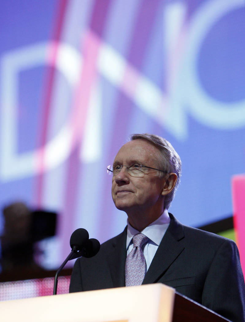 Senate Majority Leader Harry Reid, D-Nev., looks over the stage during a walk-through during th ...