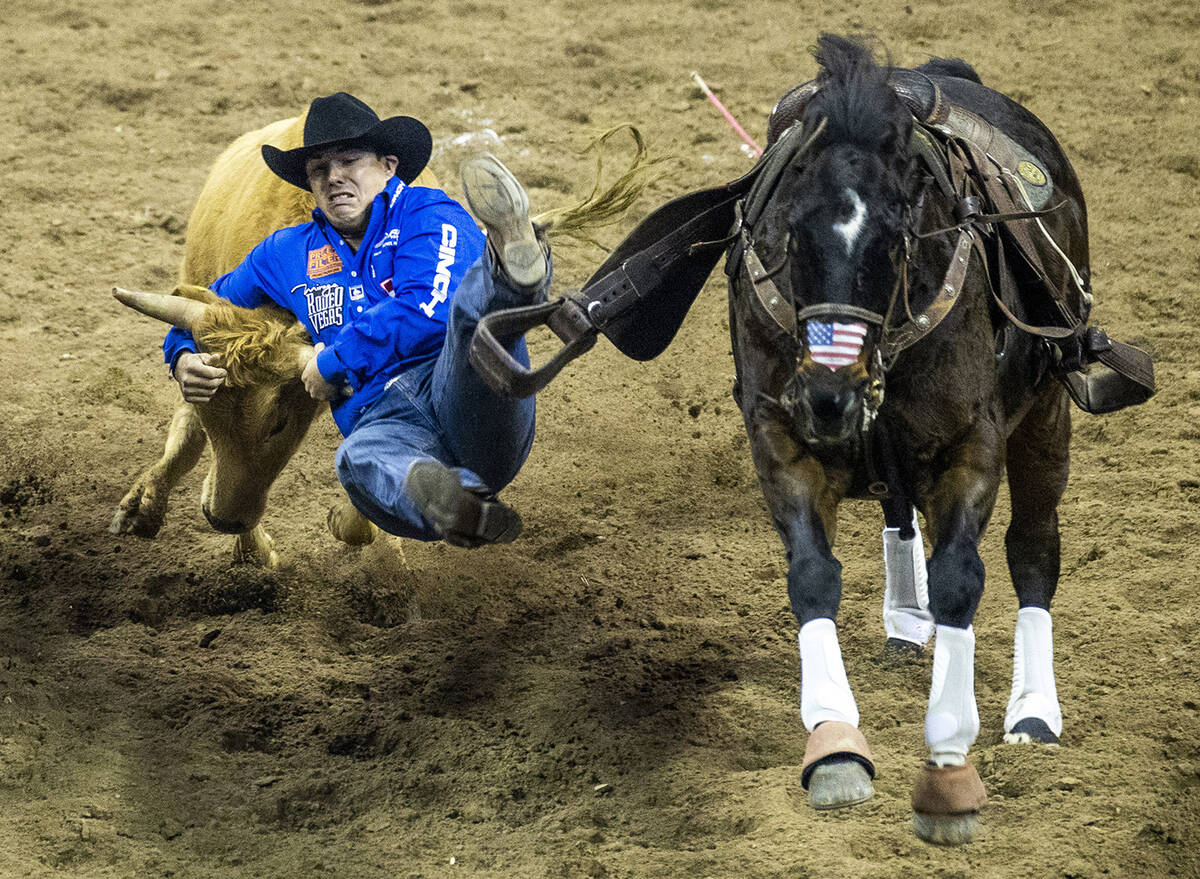 Dirk Tavenner of Rigby, ID., leaves his horse in Steer Wrestling to tie for first place during ...