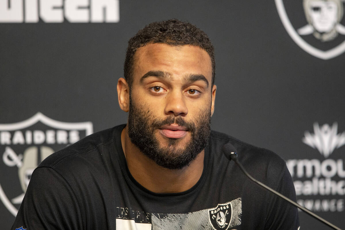 Raiders defensive end Solomon Thomas (92) listens to questions during a news conference at the ...