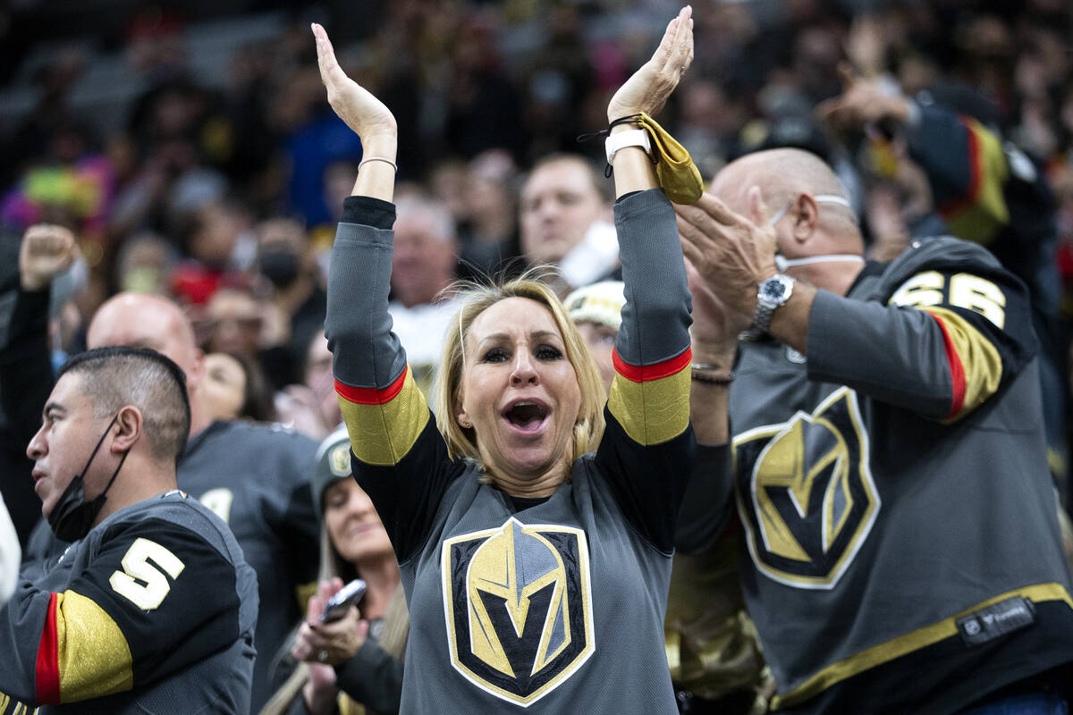 A Golden Knights cheers after Golden Knights center William Karlsson (71) scored a goal during ...