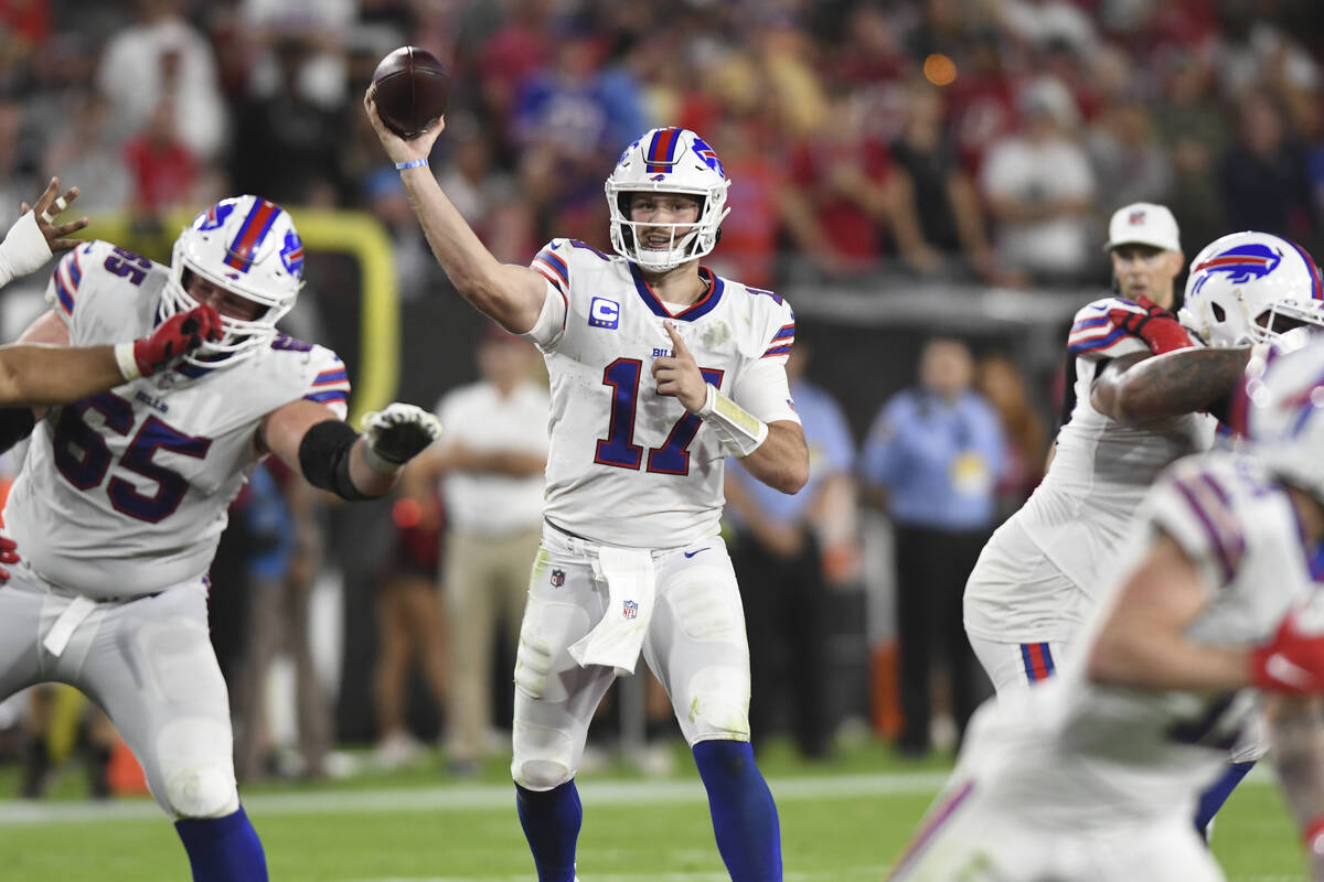 Buffalo Bills quarterback Josh Allen (17) throws a pass against the Tampa Bay Buccaneers during ...