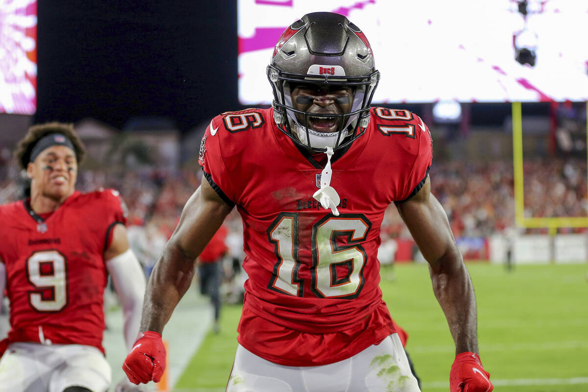 Tampa Bay Buccaneers wide receiver Breshad Perriman (16) celebrates after he scores the game wi ...