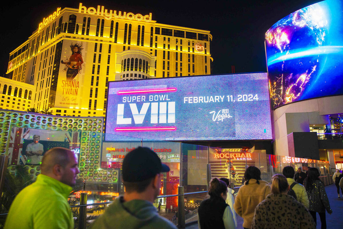 A marquee on the Strip celebrating the announcement that Las Vegas will host Super Bowl LVIII a ...