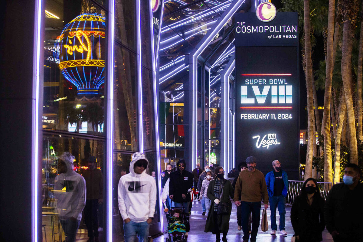 A marquee on the Strip celebrating the announcement that Las Vegas will host Super Bowl LVIII a ...