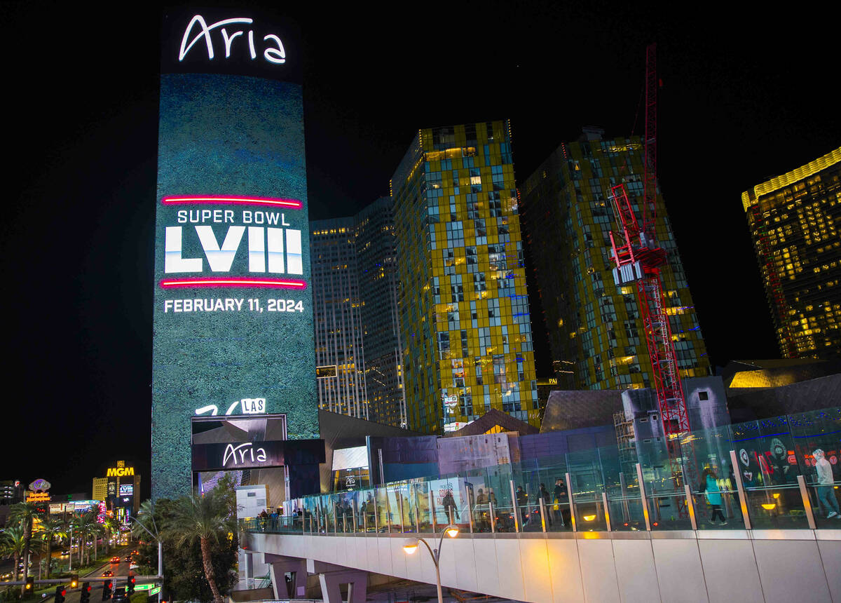 A marquee on the Strip celebrating the announcement that Las Vegas will host Super Bowl LVIII a ...