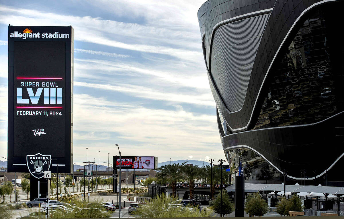 The marquee on the east side displays the message that the NFL Super Bowl LVIII will be held at ...