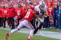 Raiders wide receiver Hunter Renfrow (13) tries to run past Kansas City Chiefs cornerback Mike ...