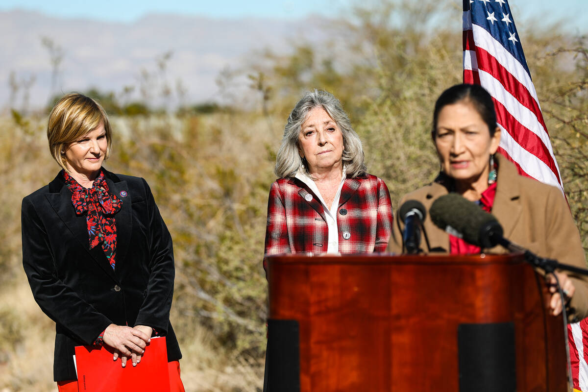 Rep. Susie Lee, D-Nev., left, and Rep. Dina Titus, D-Nev., right, listen to Interior Secretary ...