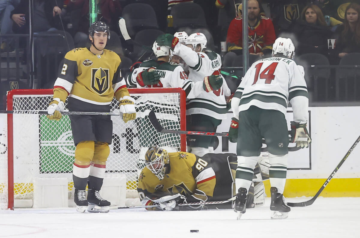 The Minnesota Wild celebrate after a goal against the Golden Knights during the first period of ...