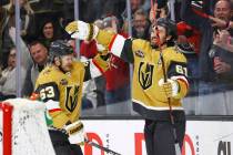 Golden Knights right wing Mark Stone (61) celebrates after his goal against the Minnesota Wild ...