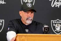 Raiders interim head coach Rich Bisaccia takes media questions during the postgame news confere ...