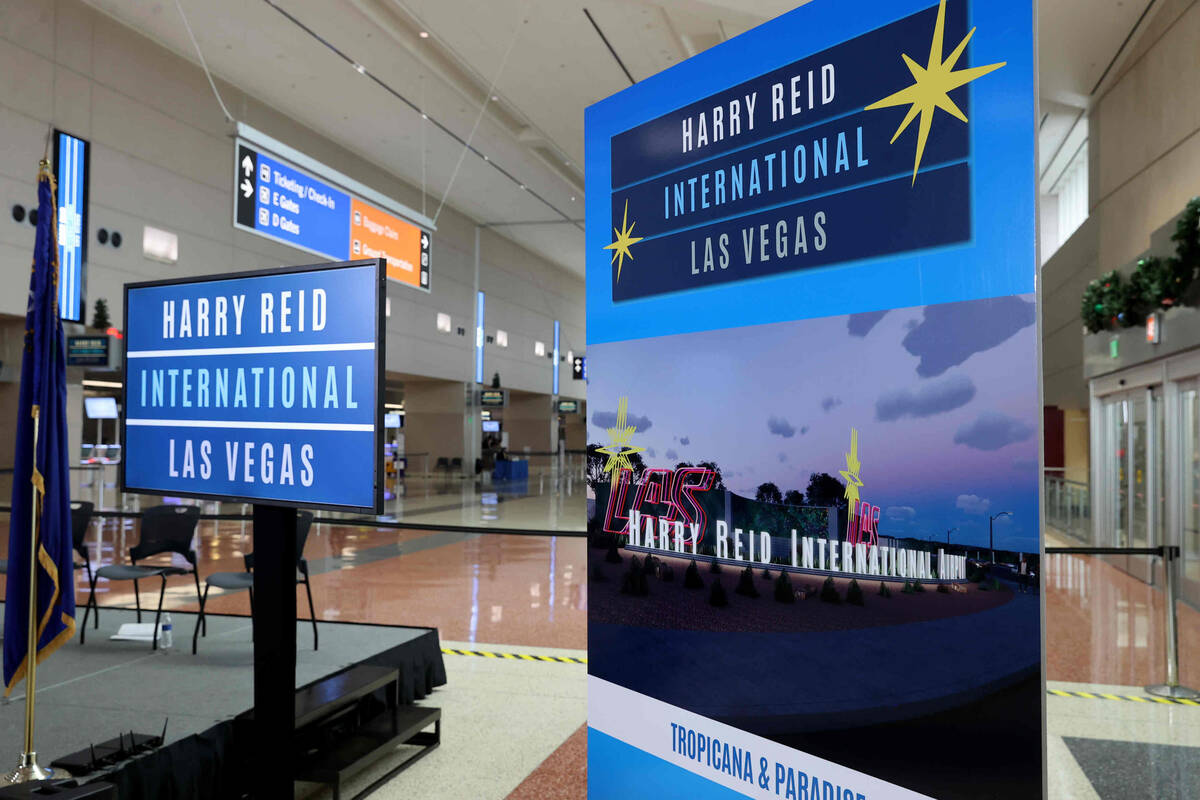 New branding for Harry Reid International Airport in Las Vegas is shown Tuesday, Dec. 14, 2021. ...