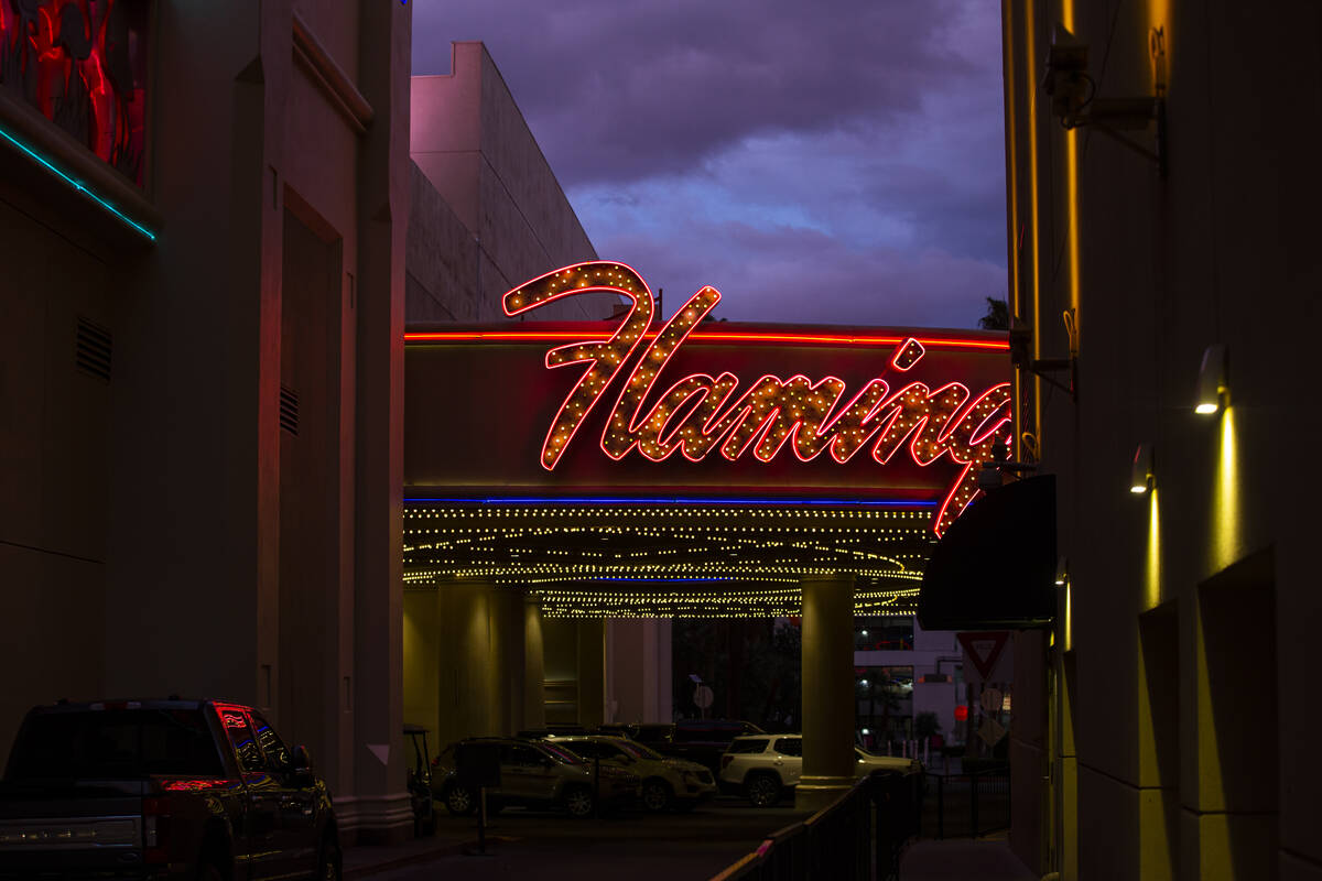 A view of the porte-cochere at the Flamingo in Las Vegas on Thursday, Dec. 9, 2021. (Chase Stev ...