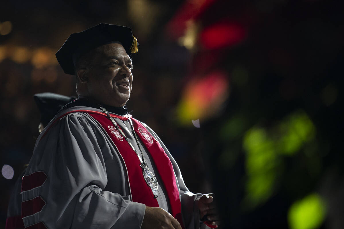 UNLV President Keith Whitfield congratulates graduates on their degrees during commencement at ...