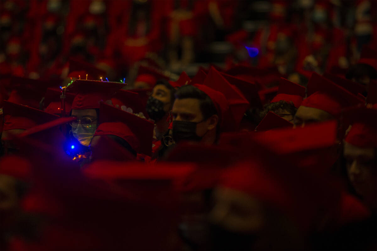 UNLV graduate Ashkia Aoun adorns her graduation cap with Christmas lights during her commenceme ...