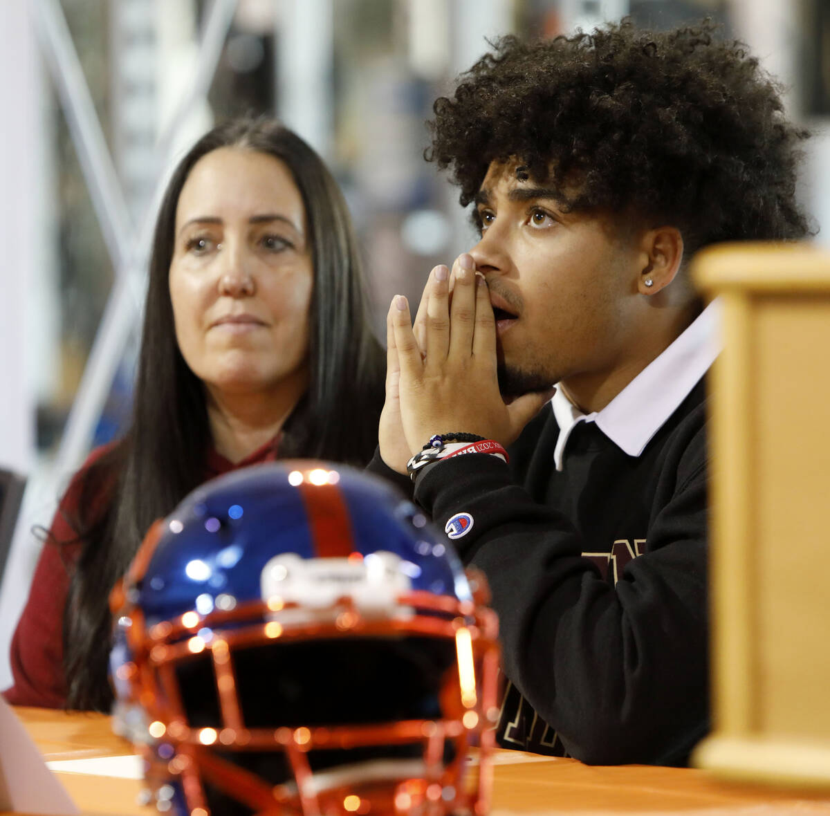 Bishop Gorman High School football player Cam'ron Barfield waits for signing with Boston Colleg ...