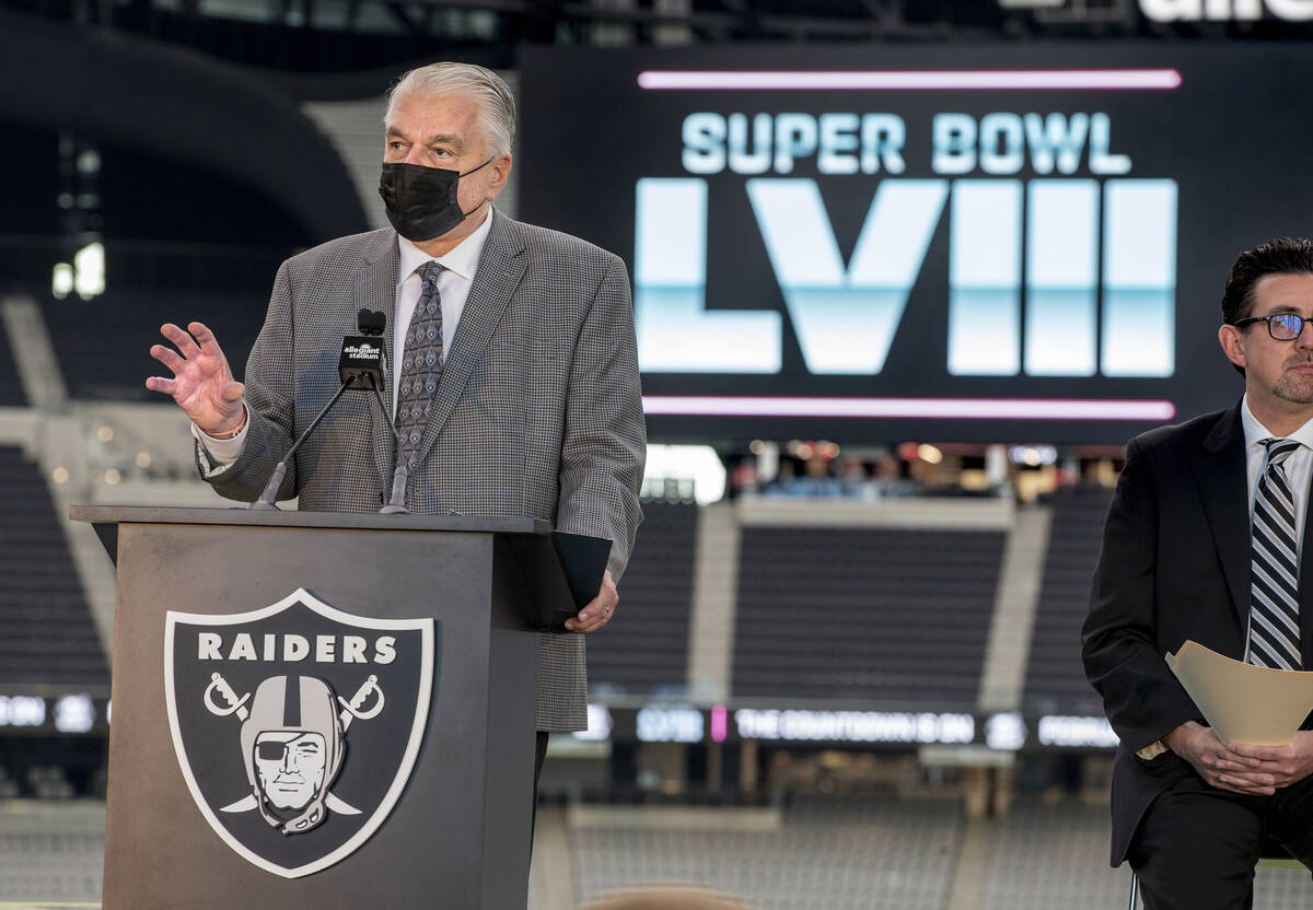 during the NFL Super Bowl LVIII press conference event at Allegiant Stadium on Wednesday, Dec.1 ...