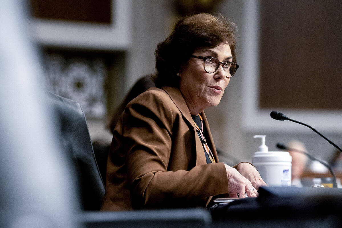 Sen. Jacky Rosen, D-Nev., speaks during a Senate Armed Services Committee hearing on the conclu ...