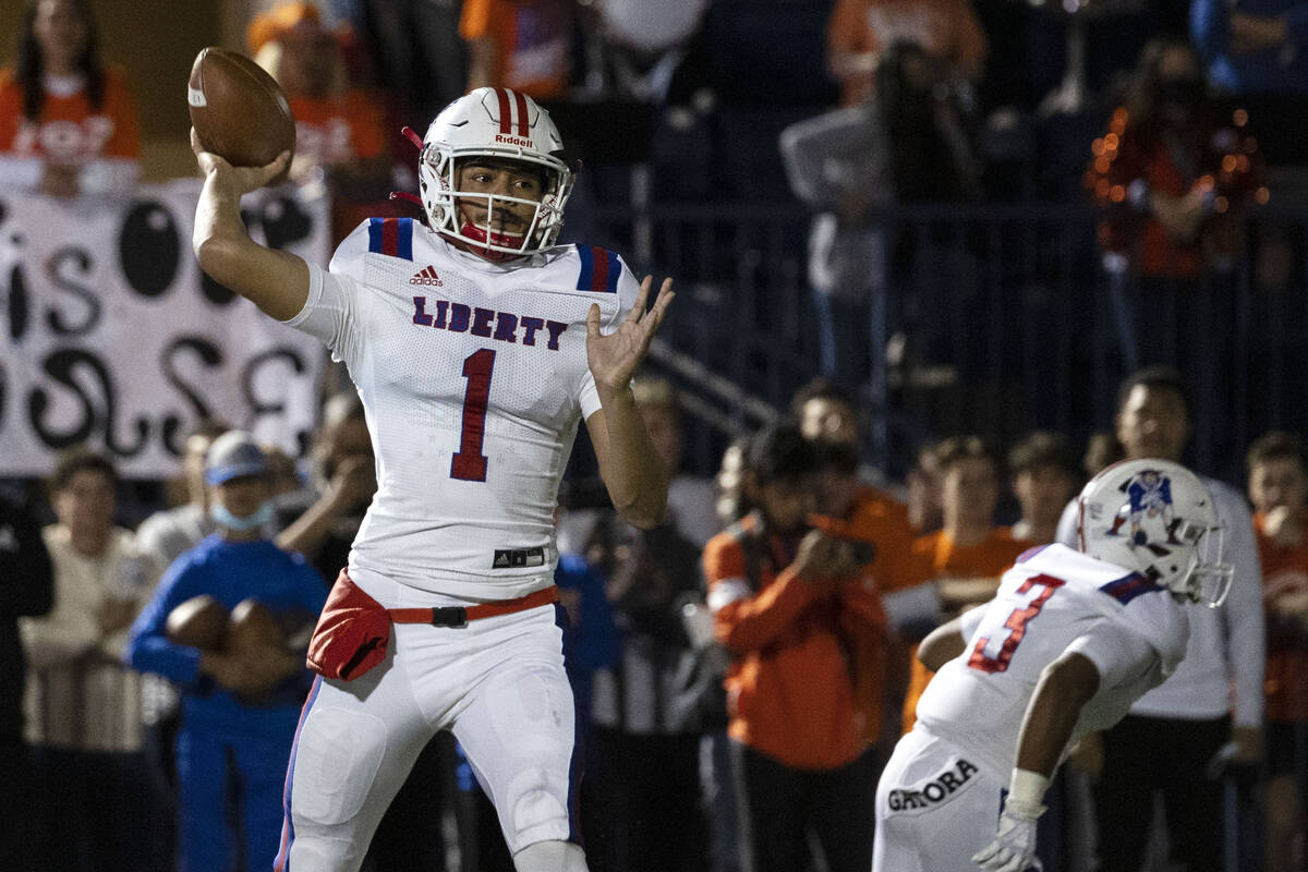 Liberty High’s quarterback Jayden Maiava (1) throws against Bishop Gorman during the fir ...