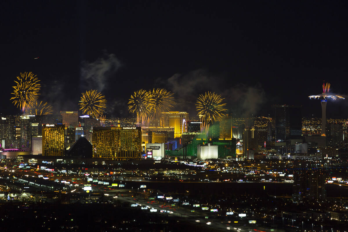 New Year’s fireworks explode over the Las Vegas Strip ringing in 2019. (Las Vegas Review-Jour ...