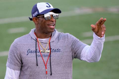 FILE - Jackson State caput  manager  Deion Sanders points during an NCAA shot   crippled  against Louis ...