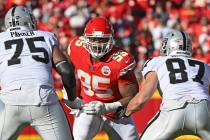 Kansas City Chiefs defensive end Chris Jones (95) rushes against Las Vegas Raiders offensive ta ...