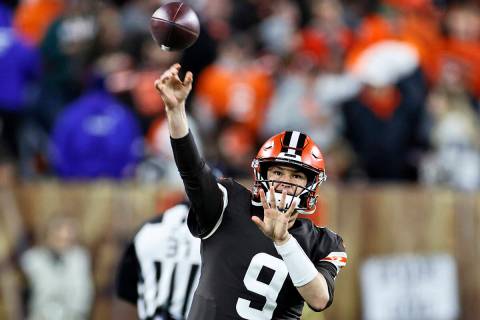 Cleveland Browns backmost   Nick Mullens throws during the archetypal  fractional  of an NFL shot   crippled  ...