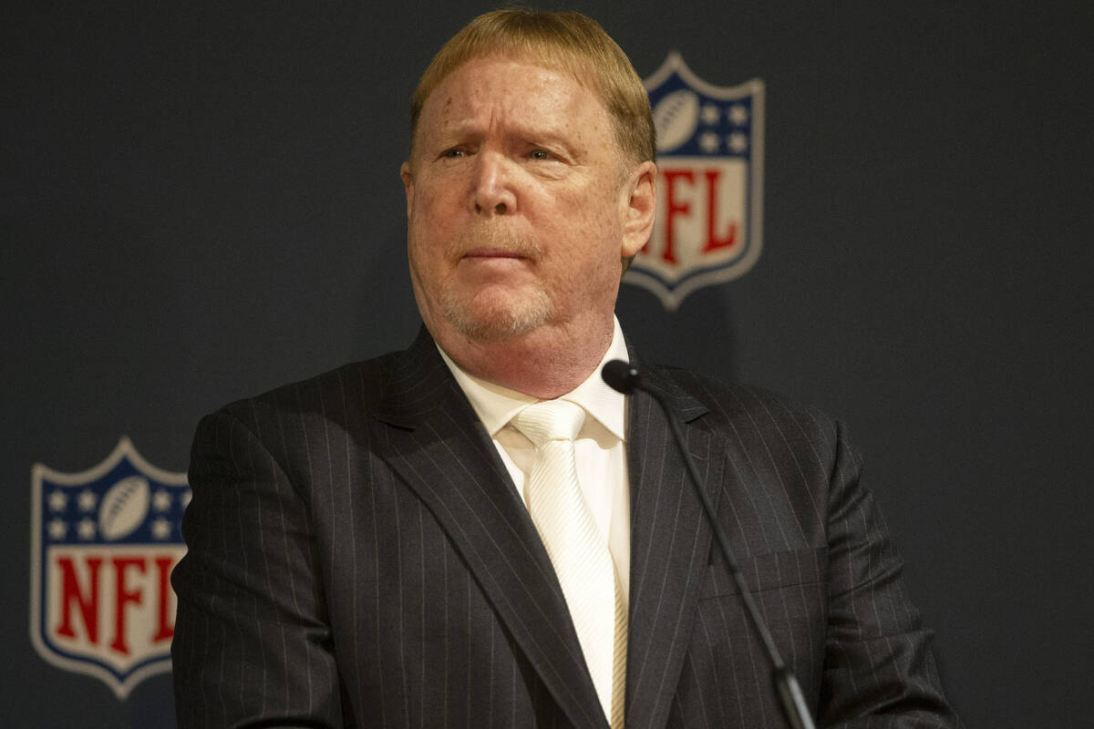 Raiders owner Mark Davis takes questions during a news conference at the Four Seasons Resort an ...