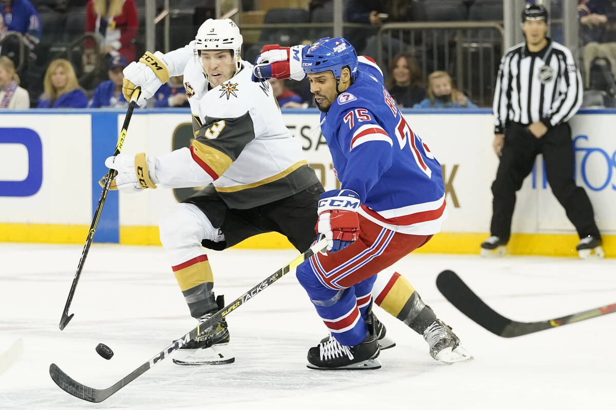 Vegas Golden Knights defenseman Brayden McNabb (3) skates against New York Rangers right wing R ...