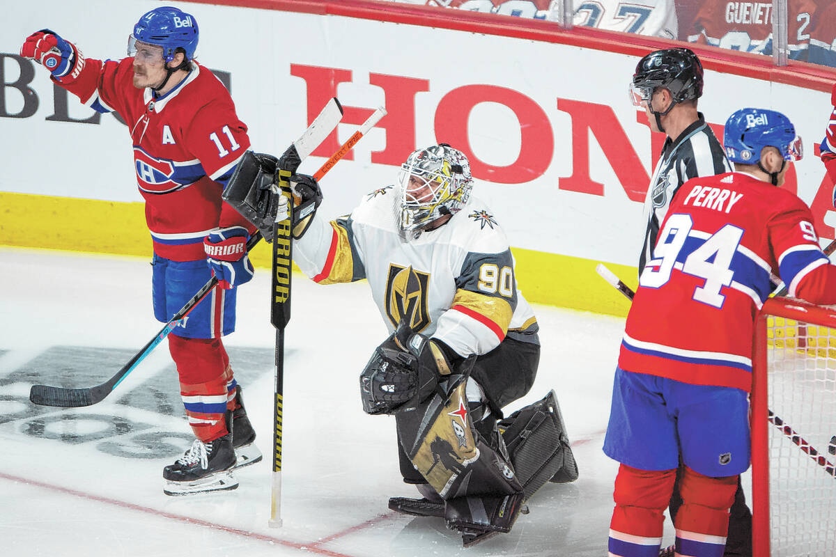 Vegas Golden Knights goaltender Robin Lehner (90) watches as Montreal Canadiens right wing Bren ...