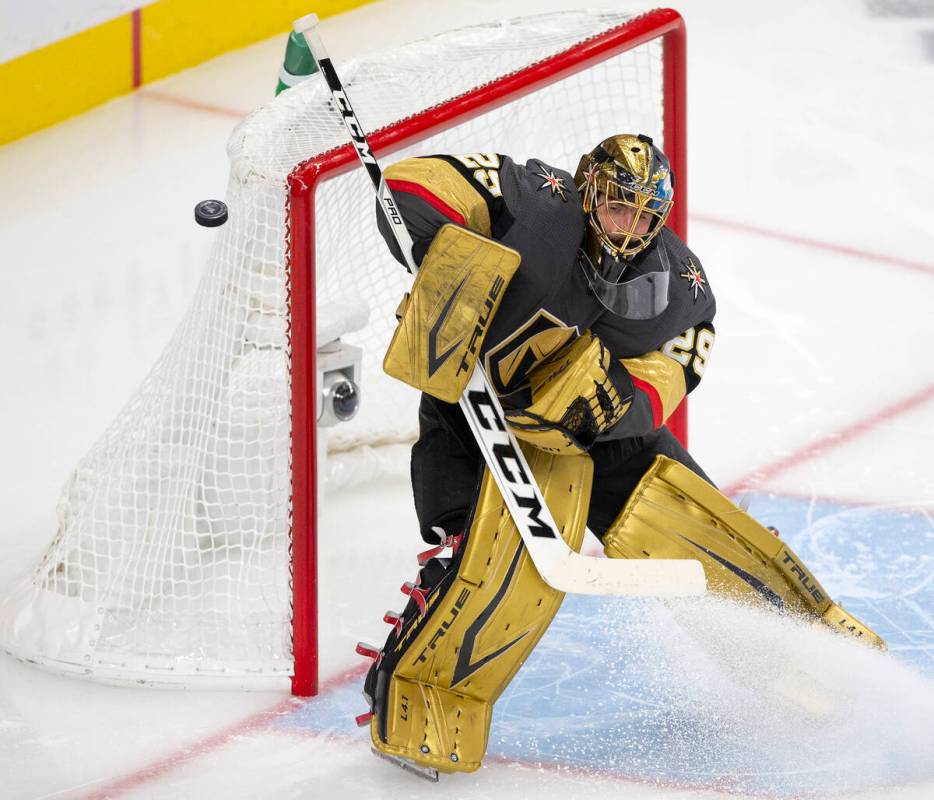 Golden Knights goaltender Marc-Andre Fleury (29) makes a save during the second period of Game ...
